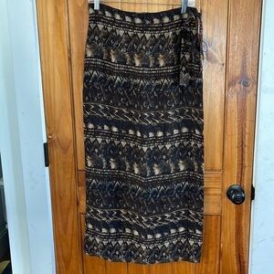 Finity Vintage Silk Midi Wrap Skirt Size 12 black brown cream tribal Aztec print